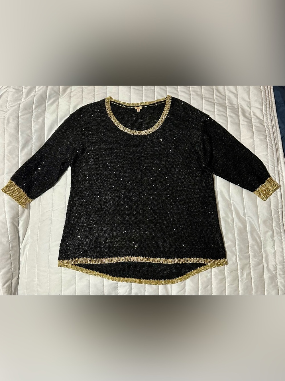 Reba Black Knit Sweater Top with Gold Trim